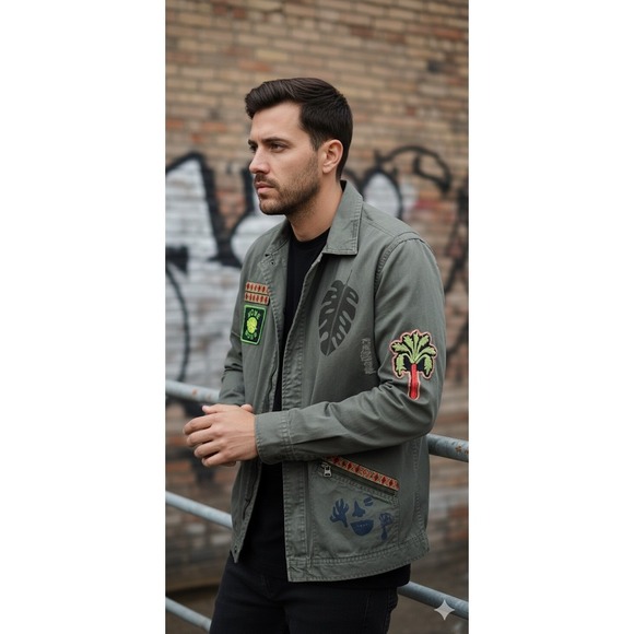 Scotch & Soda Military Jacket Green Patches Japanese Art Grunge Utility Size M - Picture 15 of 17